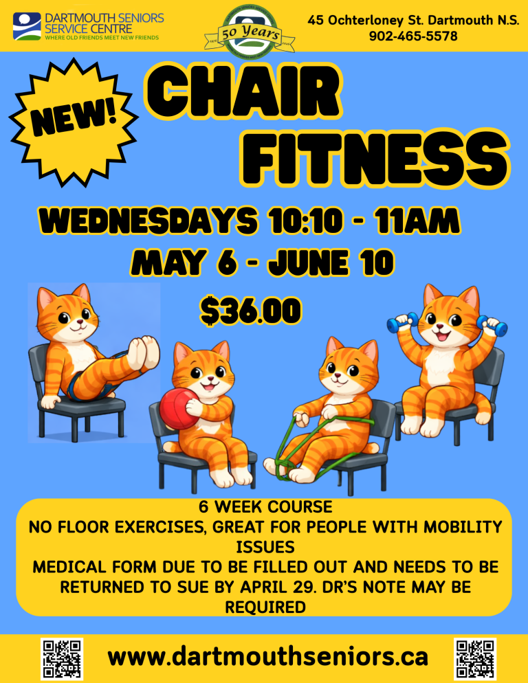 Chair fitness Wednesdays Starting May 6 till June 10 10:10 am - 11am $36.00